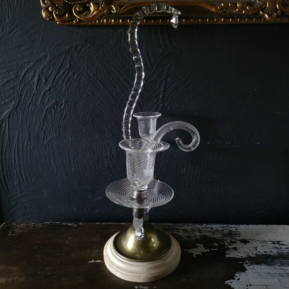 Antique Blown Glass and Brass Two-Arm Candelabra with Marble Base - Picture 2 of 9